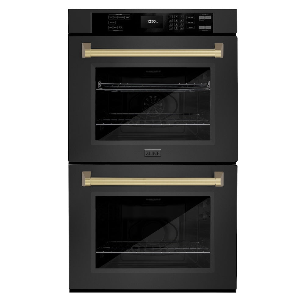 ZLINE Autograph Edition 30 in. Professional True Convection Double Wall Oven with Air Fry and Self Clean in Black Stainless Steel with Champagne Bronze Handles (WADBZ-30-CB)