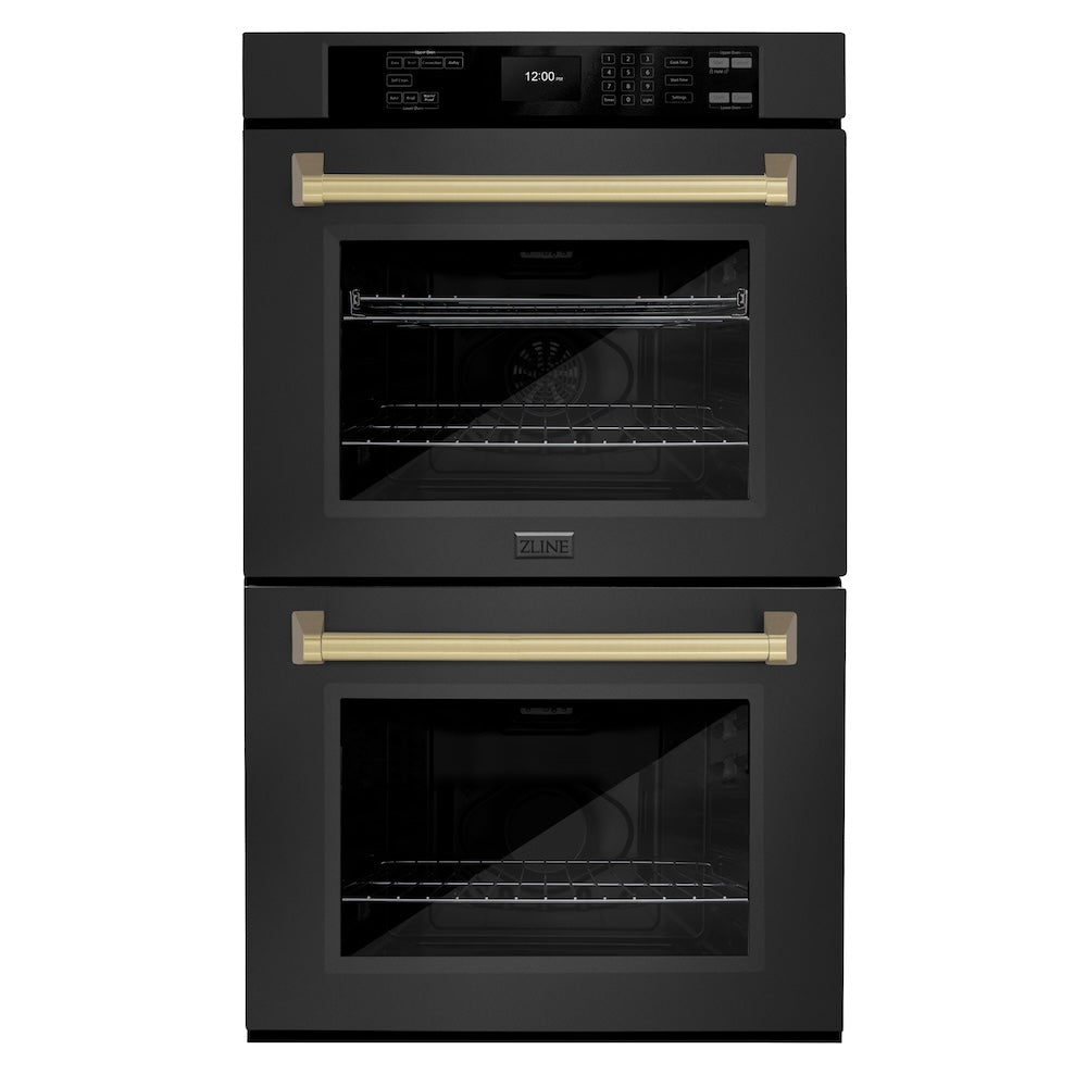 ZLINE Autograph Edition 30 in. Professional True Convection Double Wall Oven with Air Fry and Self Clean in Black Stainless Steel with Champagne Bronze Handles (WADBZ-30-CB) main image.