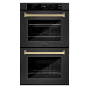 ZLINE Autograph Edition 30 in. Professional True Convection Double Wall Oven with Air Fry and Self Clean in Black Stainless Steel with Champagne Bronze Handles (WADBZ-30-CB) main image.