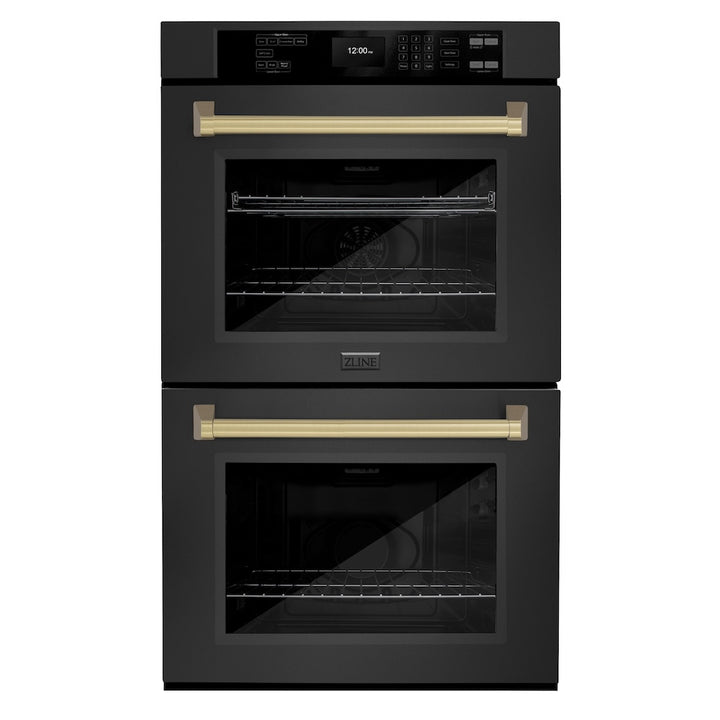 ZLINE Autograph Edition 30 in. Professional True Convection Double Wall Oven with Air Fry and Self Clean in Black Stainless Steel with Champagne Bronze Handles (WADBZ-30-CB)