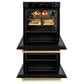 ZLINE Autograph Edition 30 in. Professional True Convection Double Wall Oven with Air Fry and Self Clean in Black Stainless Steel with Champagne Bronze Handles (WADBZ-30-CB) front, open, with food inside.