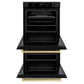 ZLINE Autograph Edition 30 in. Professional True Convection Double Wall Oven with Air Fry and Self Clean in Black Stainless Steel with Champagne Bronze Handles (WADBZ-30-CB) front, open.