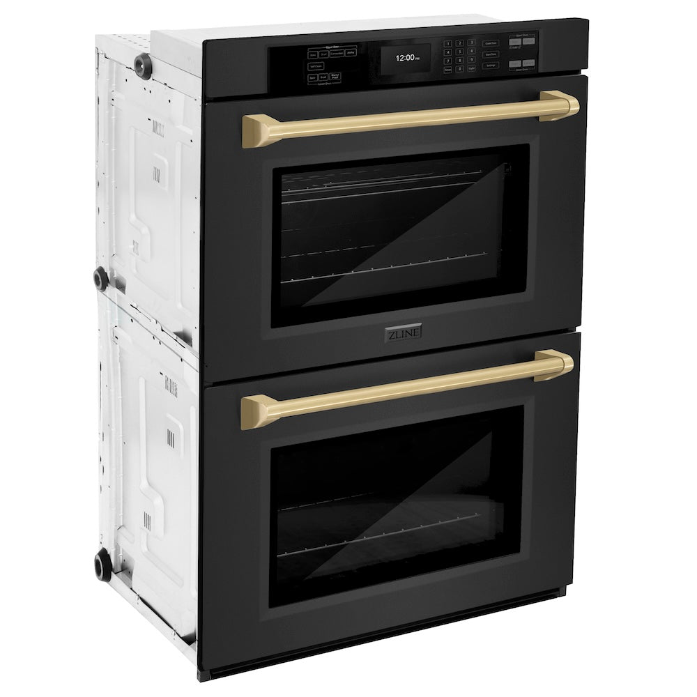 ZLINE Autograph Edition 30 in. Professional True Convection Double Wall Oven with Air Fry and Self Clean in Black Stainless Steel with Champagne Bronze Handles (WADBZ-30-CB) side, oven closed.