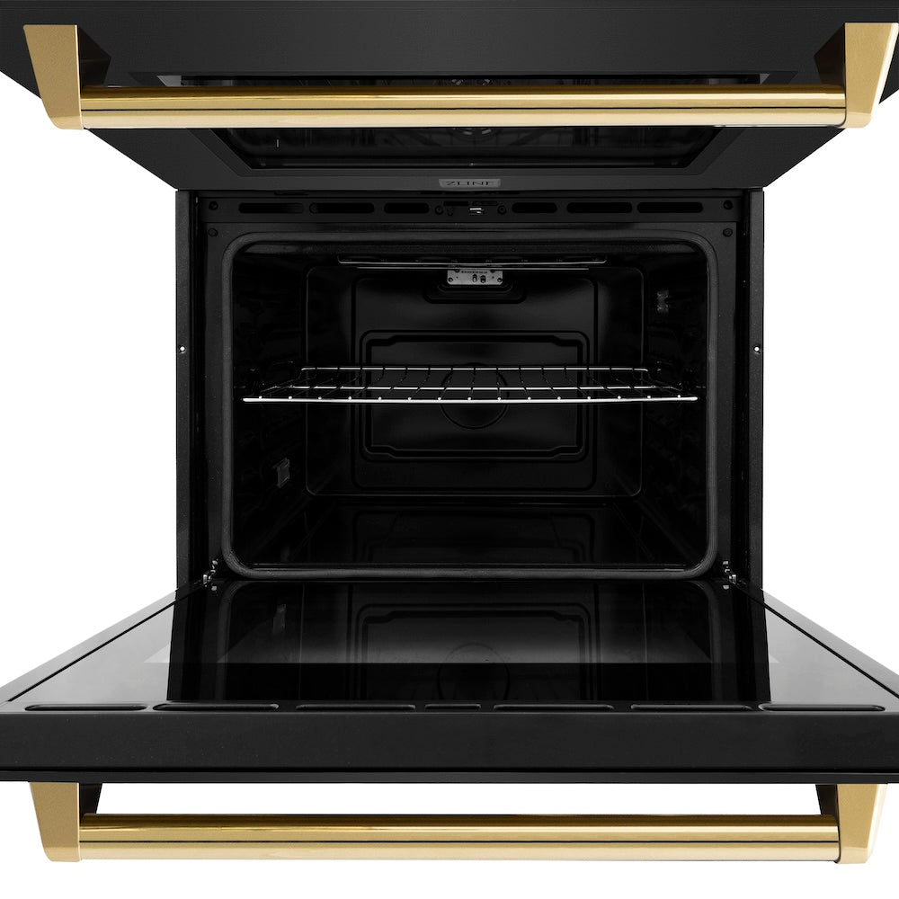 ZLINE Autograph Edition 30 in. Professional True Convection Double Wall Oven with Air Fry and Self Clean in Black Stainless Steel with Polished Gold Handles (WADBZ-30-G) front, oven open close-up.
