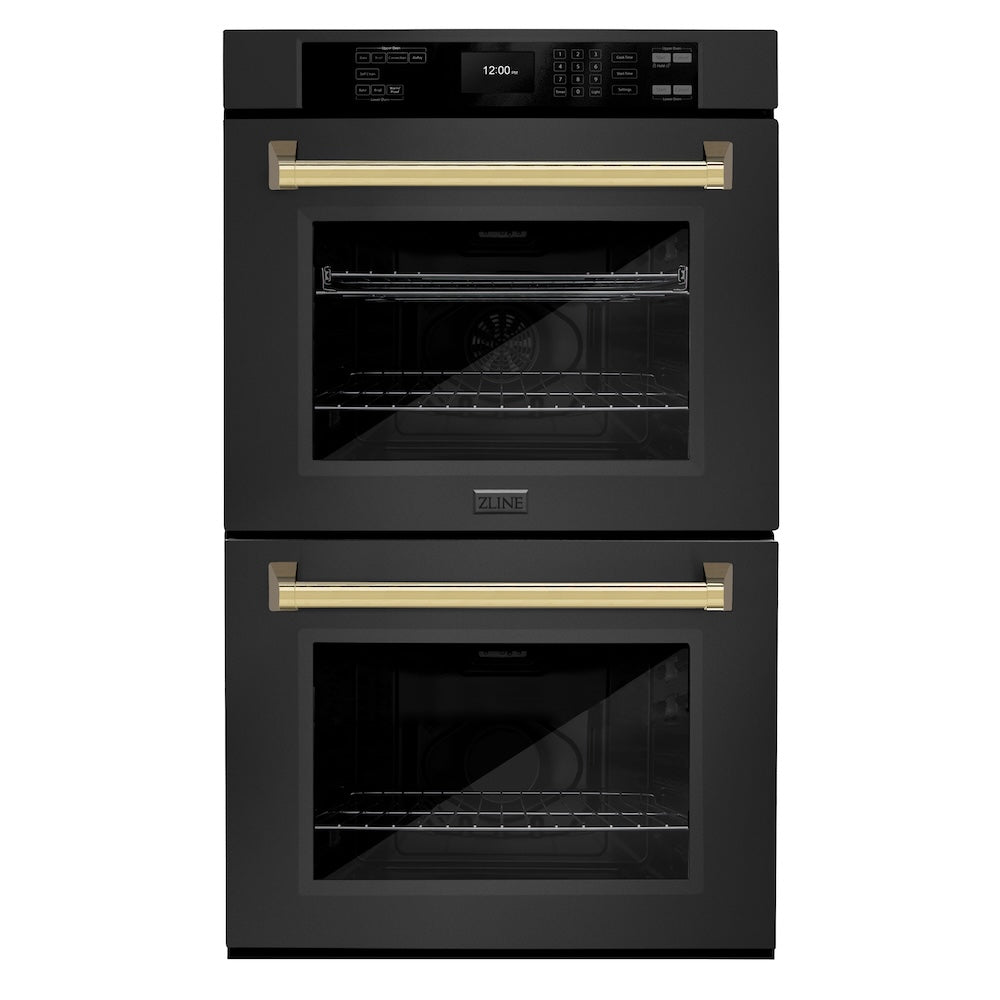 ZLINE Autograph Edition 30 in. Professional True Convection Double Wall Oven with Air Fry and Self Clean in Black Stainless Steel with Polished Gold Handles (WADBZ-30-G) main image.