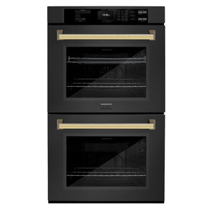 ZLINE Autograph Edition 30 in. Professional True Convection Double Wall Oven with Air Fry and Self Clean in Black Stainless Steel with Polished Gold Handles (WADBZ-30-G) main image.