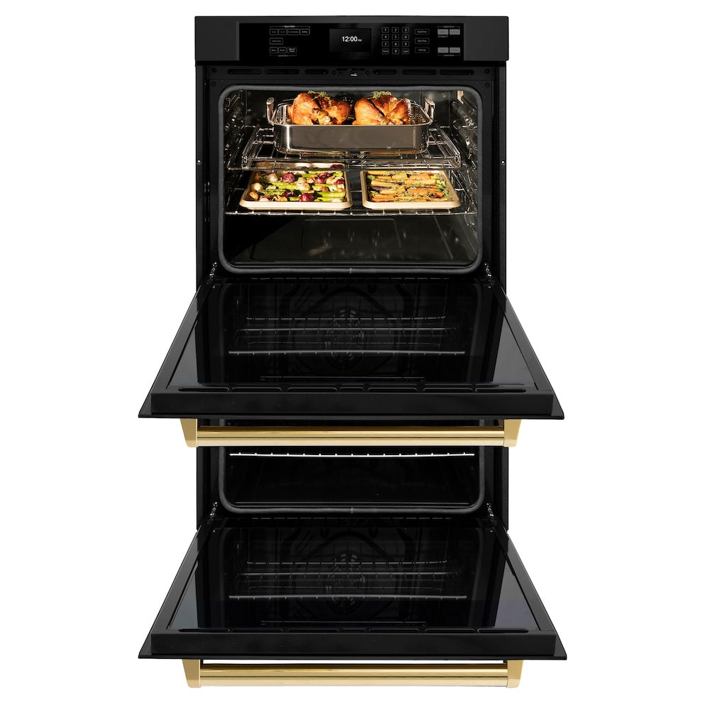 ZLINE Autograph Edition 30 in. Professional True Convection Double Wall Oven with Air Fry and Self Clean in Black Stainless Steel with Polished Gold Handles (WADBZ-30-G) front, open, with food inside.