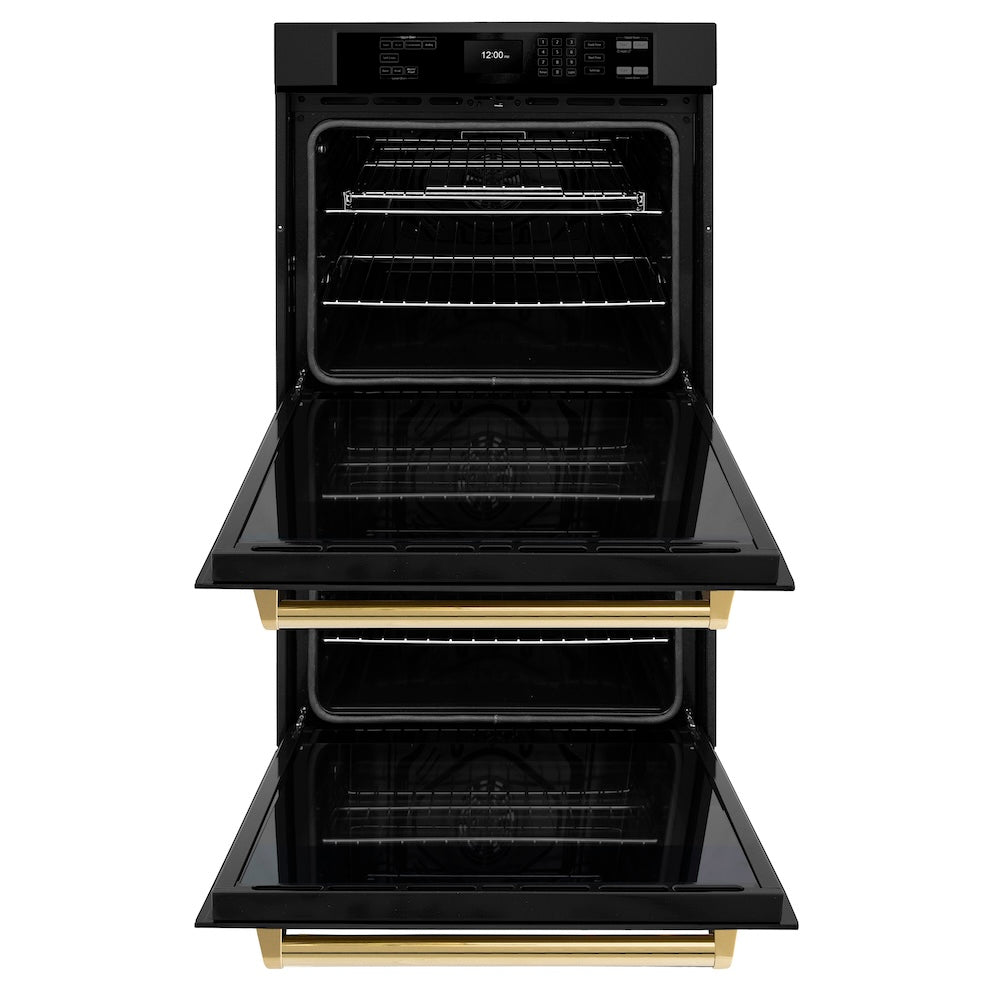 ZLINE Autograph Edition 30 in. Professional True Convection Double Wall Oven with Air Fry and Self Clean in Black Stainless Steel with Polished Gold Handles (WADBZ-30-G) front, open.