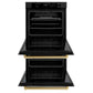 ZLINE Autograph Edition 30 in. Professional True Convection Double Wall Oven with Air Fry and Self Clean in Black Stainless Steel with Polished Gold Handles (WADBZ-30-G) front, open.