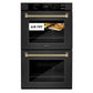 ZLINE Autograph Edition 30 in. Professional True Convection Double Wall Oven with Air Fry and Self Clean in Black Stainless Steel with Champagne Bronze Helix Handles (WADBZ-30-KCB) front, showing air fry capability.