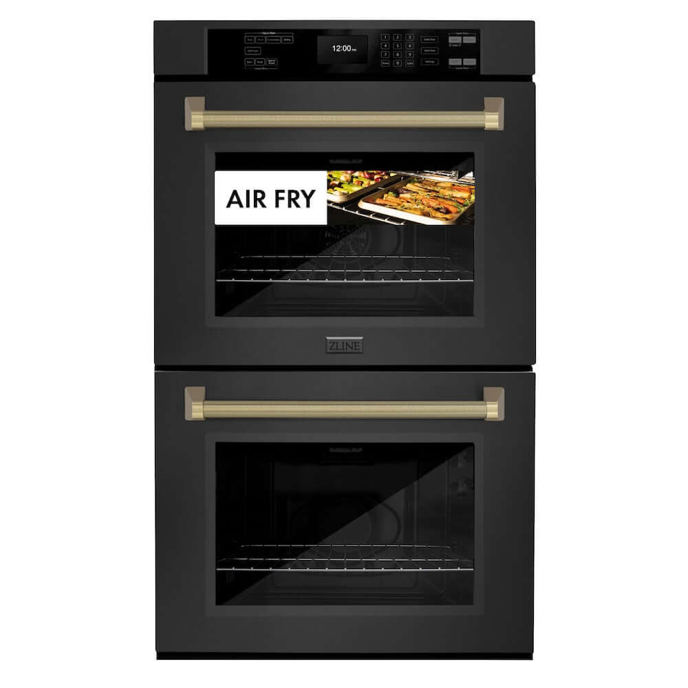 ZLINE Autograph Edition 30 in. Professional True Convection Double Wall Oven with Air Fry and Self Clean in Black Stainless Steel with Champagne Bronze Helix Handles (WADBZ-30-KCB) front, showing air fry capability.
