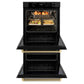 ZLINE Autograph Edition 30 in. Professional True Convection Double Wall Oven with Air Fry and Self Clean in Black Stainless Steel with Champagne Bronze Helix Handles (WADBZ-30-KCB) with open door showing roasted turkey and vegetables.