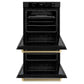 ZLINE Autograph Edition 30 in. Professional True Convection Double Wall Oven with Air Fry and Self Clean in Black Stainless Steel with Champagne Bronze Helix Handles (WADBZ-30-KCB) front, open.