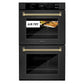 ZLINE Autograph Edition 30 in. Professional True Convection Double Wall Oven with Air Fry and Self Clean in Black Stainless Steel with Polished Gold Helix Handles (WADBZ-30-KG) front, showing air fry capability.