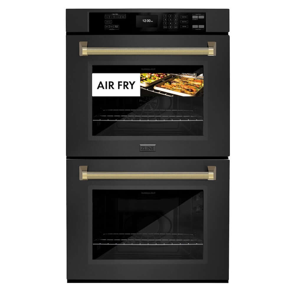 ZLINE Autograph Edition 30 in. Professional True Convection Double Wall Oven with Air Fry and Self Clean in Black Stainless Steel with Polished Gold Helix Handles (WADBZ-30-KG) front, showing air fry capability.