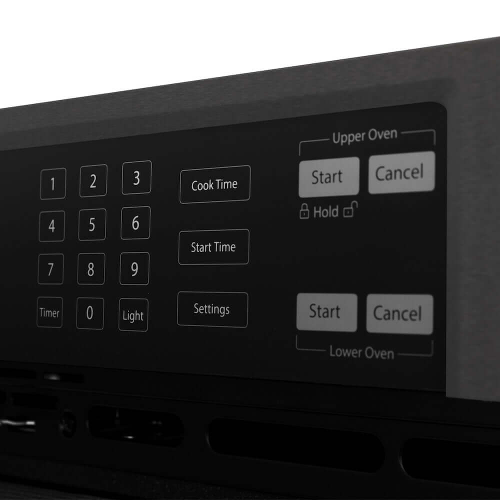 ZLINE Autograph Edition 30 in. Professional True Convection Double Wall Oven with Air Fry and Self Clean in Black Stainless Steel with Polished Gold Helix Handles (WADBZ-30-KG) control panel with digital keypad and buttons.