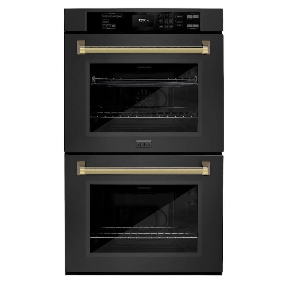 ZLINE Autograph Edition 30 in. Professional True Convection Double Wall Oven with Air Fry and Self Clean in Black Stainless Steel with Polished Gold Helix Handles (WADBZ-30-KG)