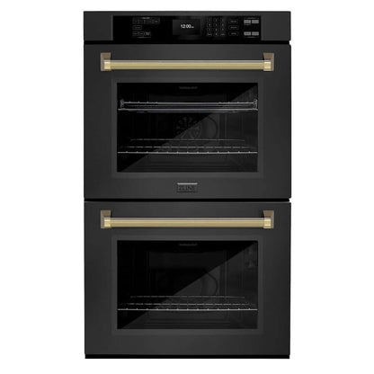 ZLINE Autograph Edition 30 in. Professional True Convection Double Wall Oven with Air Fry and Self Clean in Black Stainless Steel with Polished Gold Helix Handles (WADBZ-30-KG)