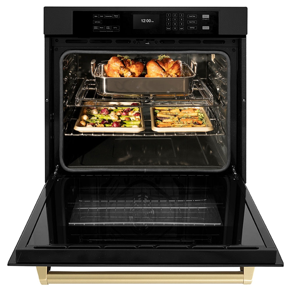 ZLINE Autograph Edition 30 in. Professional True Convection Single Wall Oven with Air Fry and Self Clean in Black Stainless Steel with Champagne Bronze Handle (WASBZ-30-CB) front, open, with food inside oven.