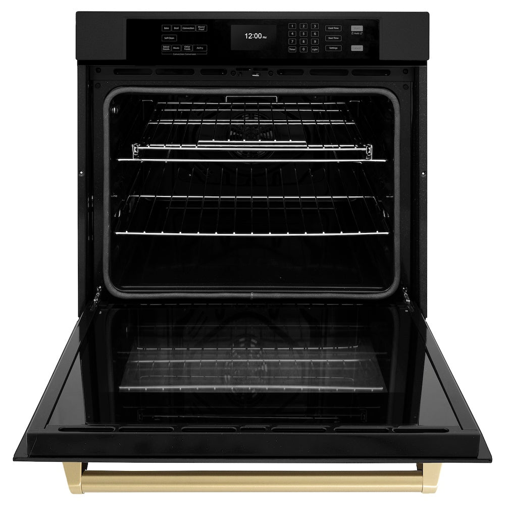 ZLINE Autograph Edition 30 in. Professional True Convection Single Wall Oven with Air Fry and Self Clean in Black Stainless Steel with Champagne Bronze Handle (WASBZ-30-CB) front, open.