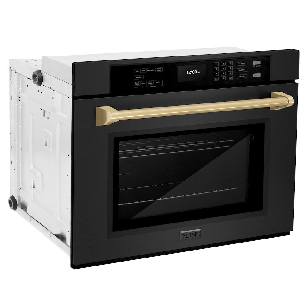 ZLINE Autograph Edition 30 in. Professional True Convection Single Wall Oven with Air Fry and Self Clean in Black Stainless Steel with Champagne Bronze Handle (WASBZ-30-CB) side, oven closed.