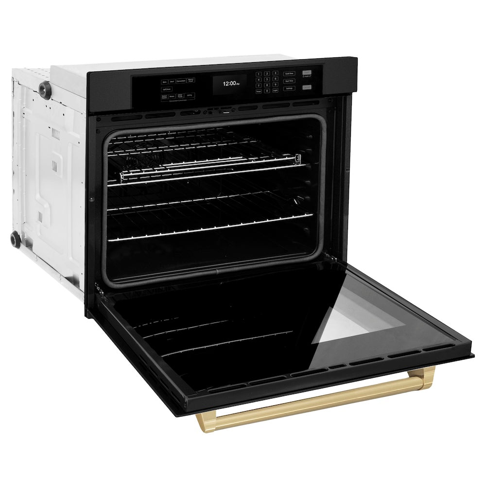 ZLINE Autograph Edition 30 in. Professional True Convection Single Wall Oven with Air Fry and Self Clean in Black Stainless Steel with Champagne Bronze Handle (WASBZ-30-CB) side, oven open.