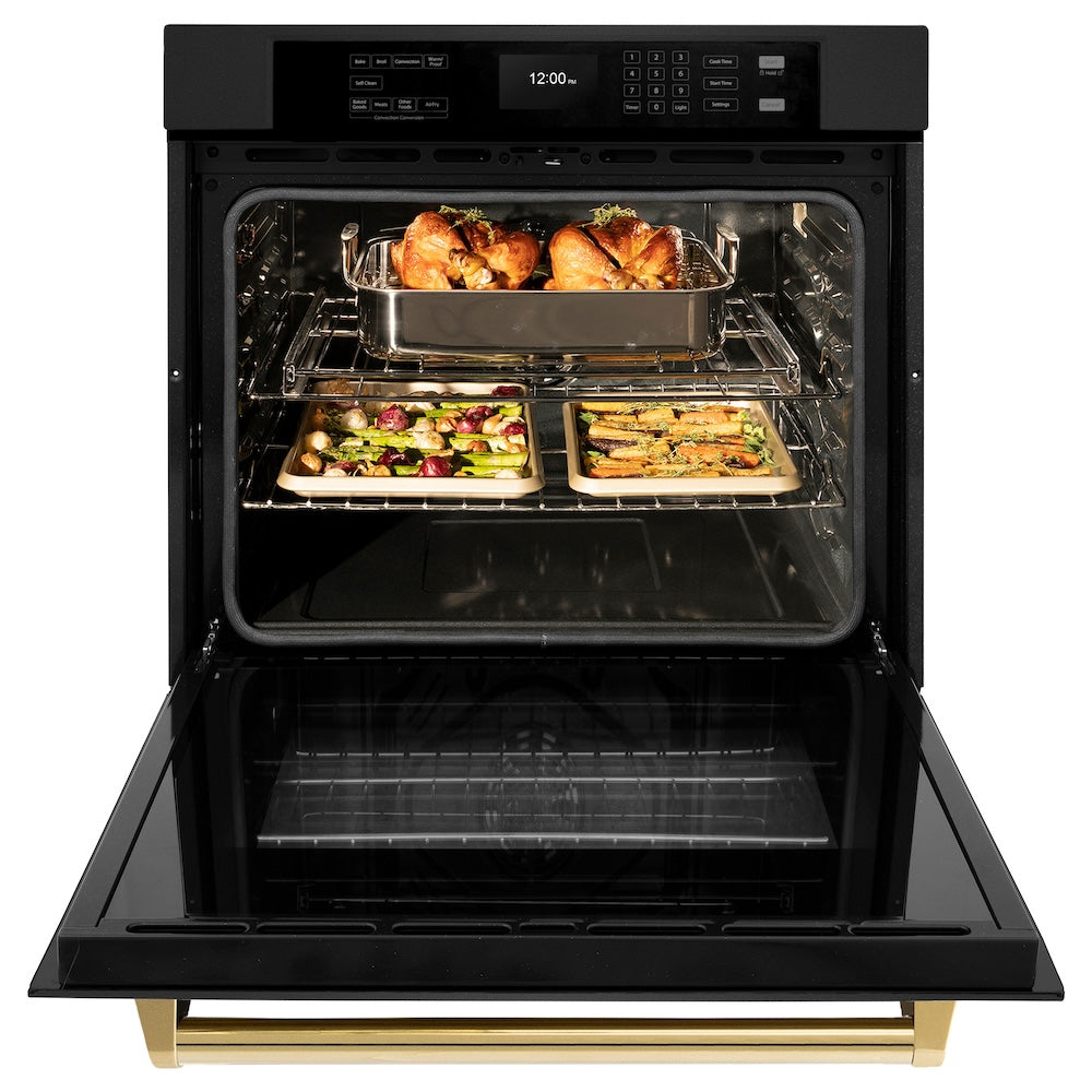 ZLINE Autograph Edition 30 in. Professional True Convection Single Wall Oven with Air Fry and Self Clean in Black Stainless Steel with Polished Gold Handle (WASBZ-30-G) front, open, with food inside oven.