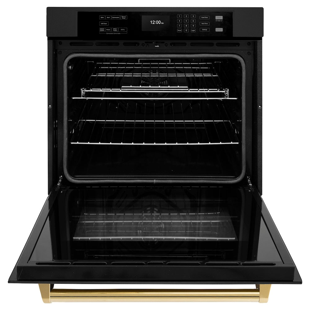 ZLINE Autograph Edition 30 in. Professional True Convection Single Wall Oven with Air Fry and Self Clean in Black Stainless Steel with Polished Gold Handle (WASBZ-30-G) front, open.