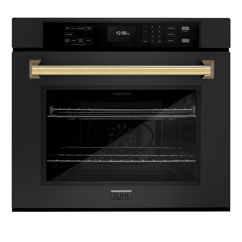 ZLINE Autograph Edition 30 in. Professional True Convection Single Wall Oven with Air Fry and Self Clean in Black Stainless Steel with Polished Gold Handle (WASBZ-30-G) main image.