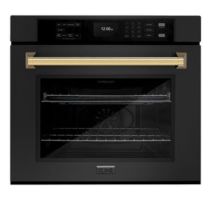 ZLINE Autograph Edition 30 in. Professional True Convection Single Wall Oven with Air Fry and Self Clean in Black Stainless Steel with Polished Gold Handle (WASBZ-30-G) main image.