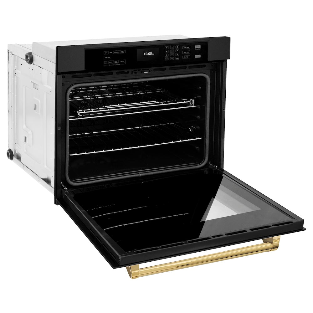 ZLINE Autograph Edition 30 in. Professional True Convection Single Wall Oven with Air Fry and Self Clean in Black Stainless Steel with Polished Gold Handle (WASBZ-30-G) side, oven open.