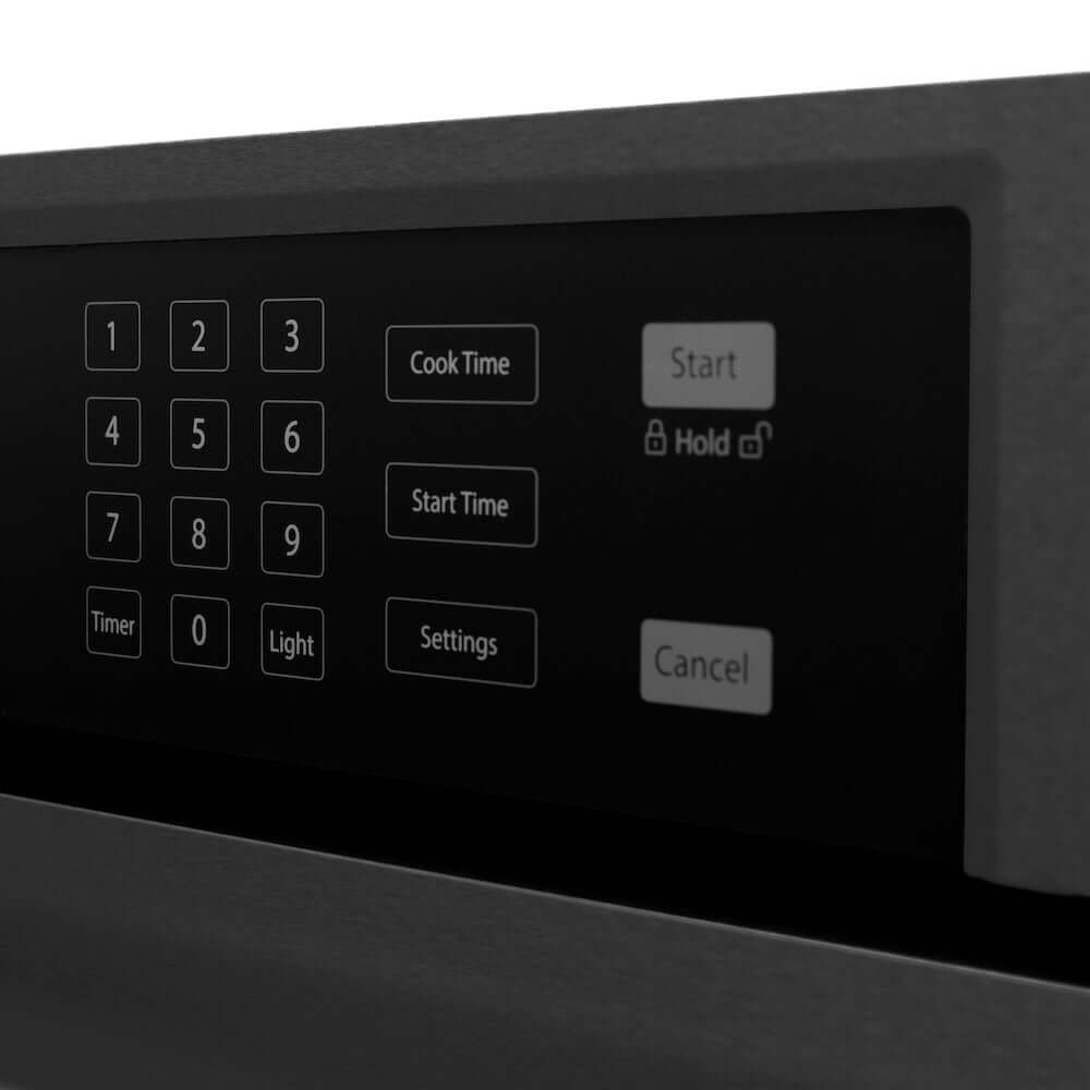 ZLINE Autograph Edition 30 in. Professional True Convection Single Wall Oven with Air Fry and Self Clean in Black Stainless Steel with Champagne Bronze Helix Handle (WASBZ-30-KCB) control panel with digital keypad and buttons.