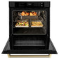 ZLINE Autograph Edition 30 in. Professional True Convection Single Wall Oven with Air Fry and Self Clean in Black Stainless Steel with Champagne Bronze Helix Handle (WASBZ-30-KCB) with open door showing roasted turkey and vegetables.