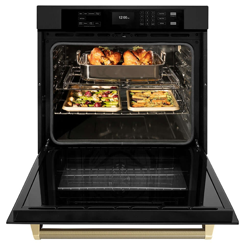 ZLINE Autograph Edition 30 in. Professional True Convection Single Wall Oven with Air Fry and Self Clean in Black Stainless Steel with Champagne Bronze Helix Handle (WASBZ-30-KCB) with open door showing roasted turkey and vegetables.