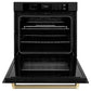 ZLINE Autograph Edition 30 in. Professional True Convection Single Wall Oven with Air Fry and Self Clean in Black Stainless Steel with Champagne Bronze Helix Handle (WASBZ-30-KCB) front, open.
