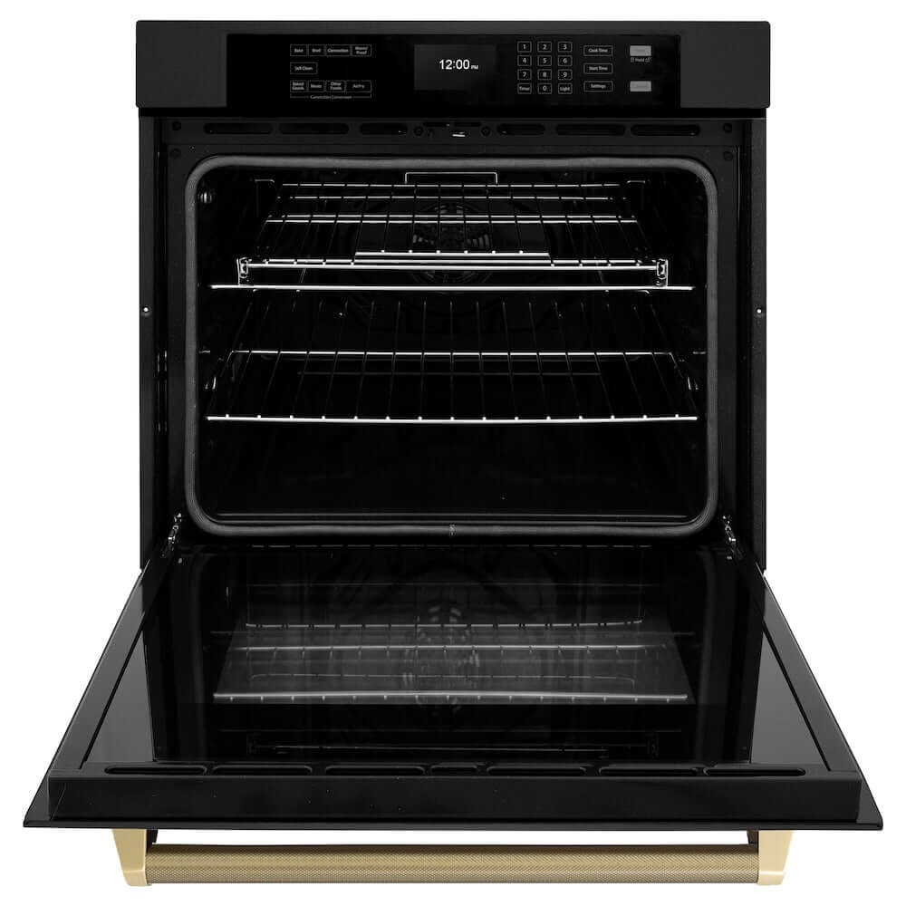ZLINE Autograph Edition 30 in. Professional True Convection Single Wall Oven with Air Fry and Self Clean in Black Stainless Steel with Champagne Bronze Helix Handle (WASBZ-30-KCB) front, open.