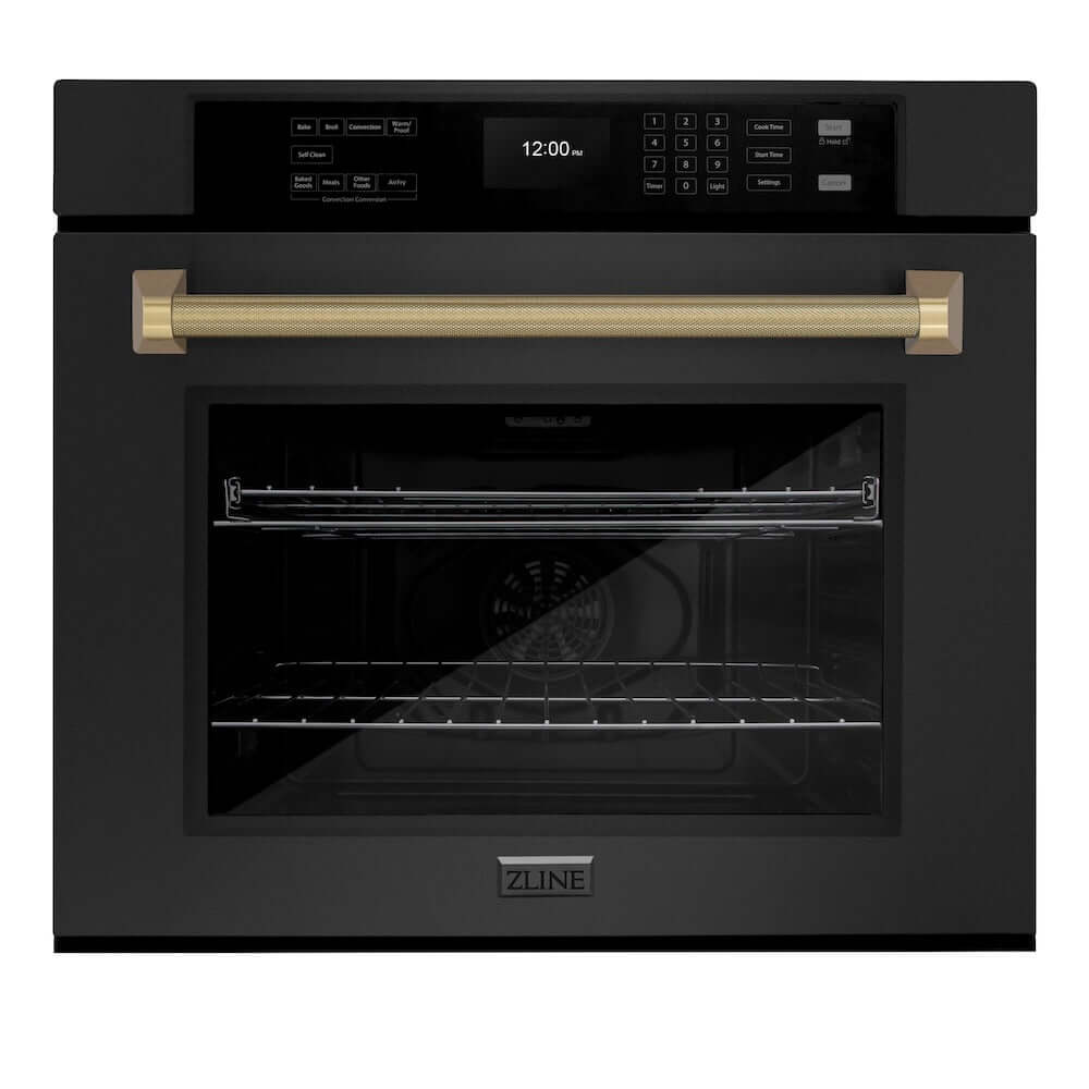 ZLINE Autograph Edition 30 in. Professional True Convection Single Wall Oven with Air Fry and Self Clean in Black Stainless Steel with Champagne Bronze Helix Handle (WASBZ-30-KCB) main image.