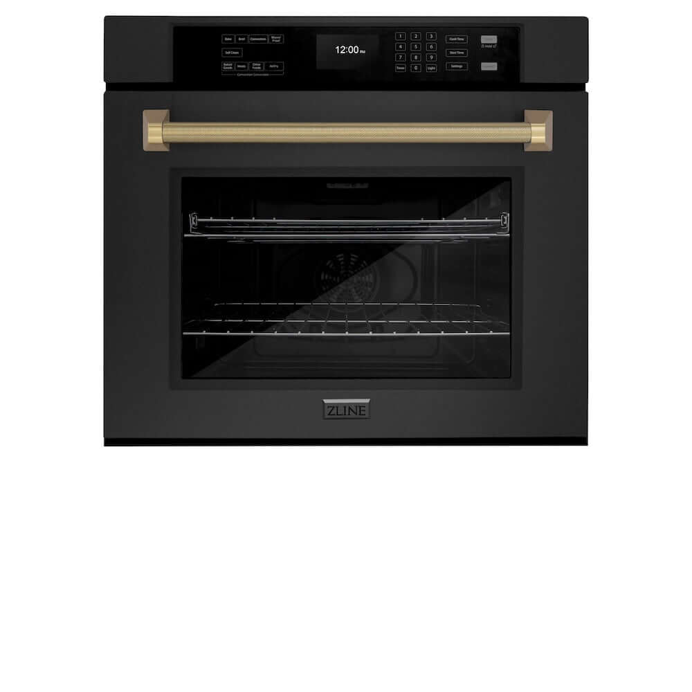 ZLINE Autograph Edition 30 in. Professional True Convection Single Wall Oven with Air Fry and Self Clean in Black Stainless Steel with Champagne Bronze Helix Handle (WASBZ-30-KCB)