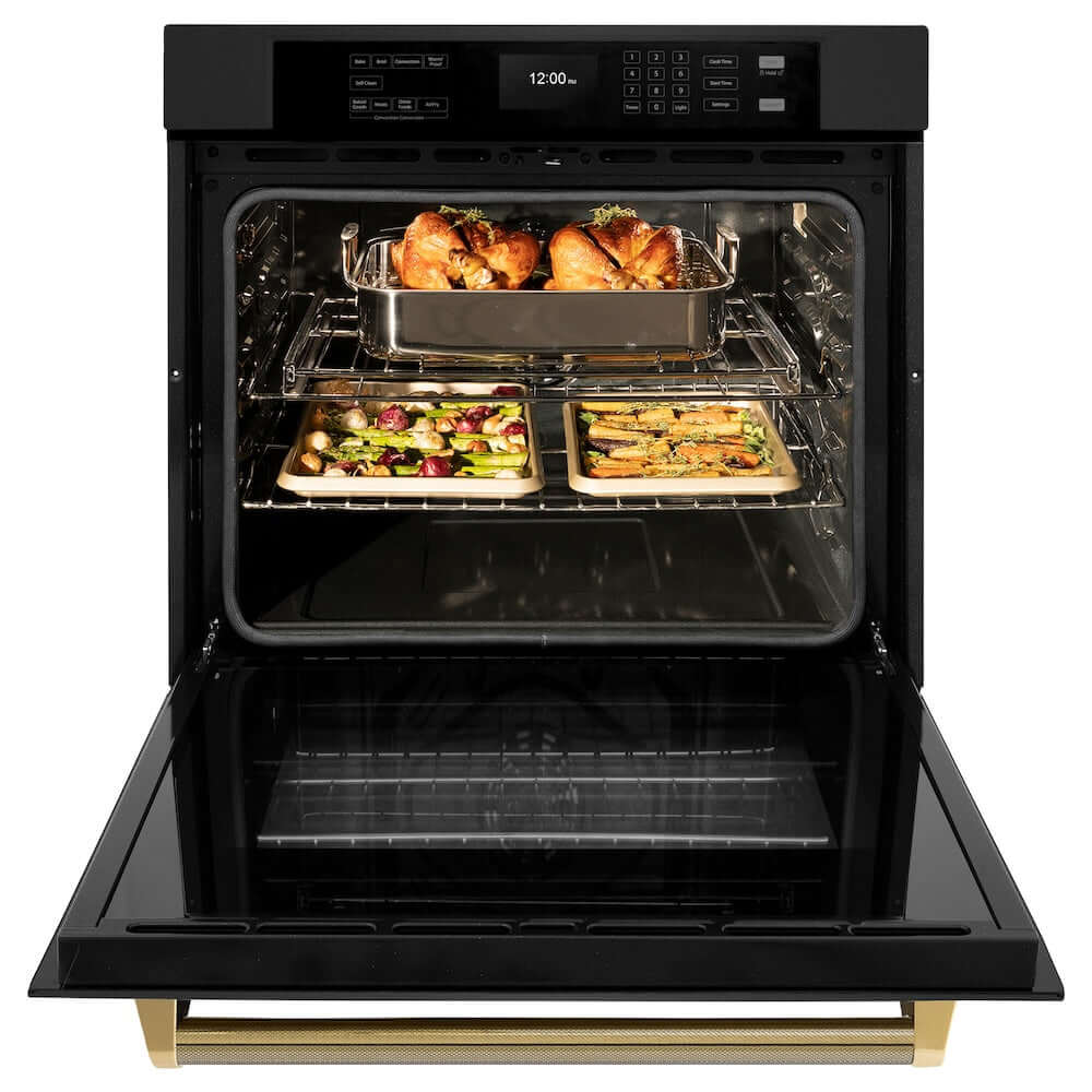 ZLINE Autograph Edition 30 in. Professional True Convection Single Wall Oven with Air Fry and Self Clean in Black Stainless Steel with Polished Gold Helix Handle (WASBZ-30-KG) with open door showing roasted turkey and vegetables.