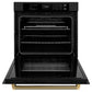 ZLINE Autograph Edition 30 in. Professional True Convection Single Wall Oven with Air Fry and Self Clean in Black Stainless Steel with Polished Gold Helix Handle (WASBZ-30-KG) front, open.