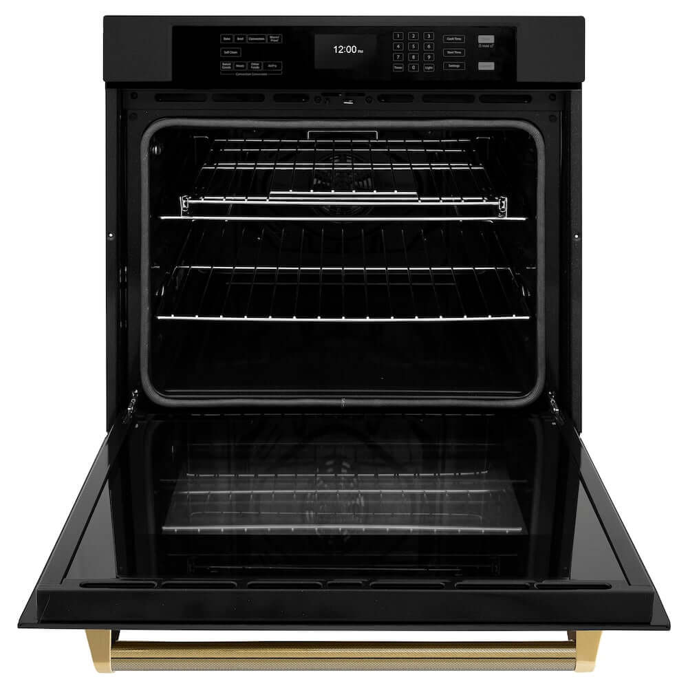 ZLINE Autograph Edition 30 in. Professional True Convection Single Wall Oven with Air Fry and Self Clean in Black Stainless Steel with Polished Gold Helix Handle (WASBZ-30-KG) front, open.