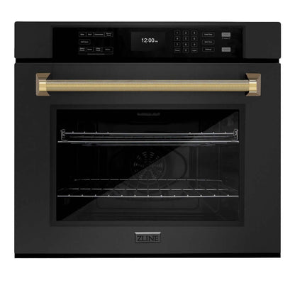 ZLINE Autograph Edition 30 in. Professional True Convection Single Wall Oven with Air Fry and Self Clean in Black Stainless Steel with Polished Gold Helix Handle (WASBZ-30-KG)
