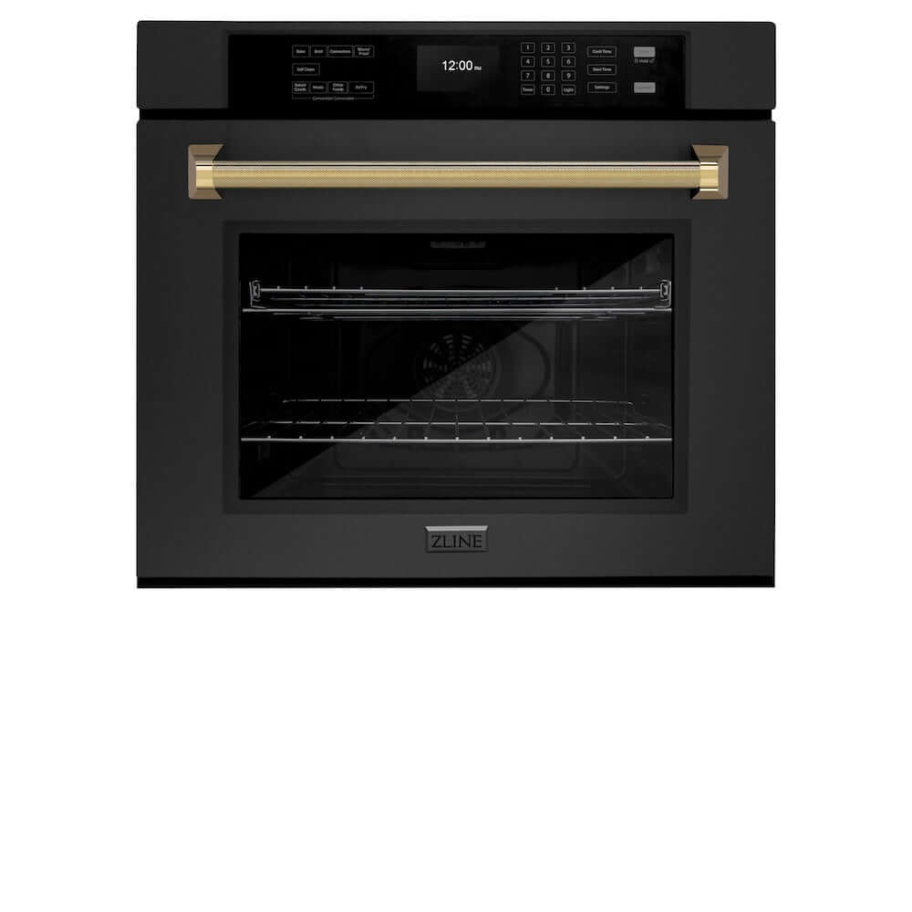 ZLINE Autograph Edition 30 in. Professional True Convection Single Wall Oven with Air Fry and Self Clean in Black Stainless Steel with Polished Gold Helix Handle (WASBZ-30-KG)