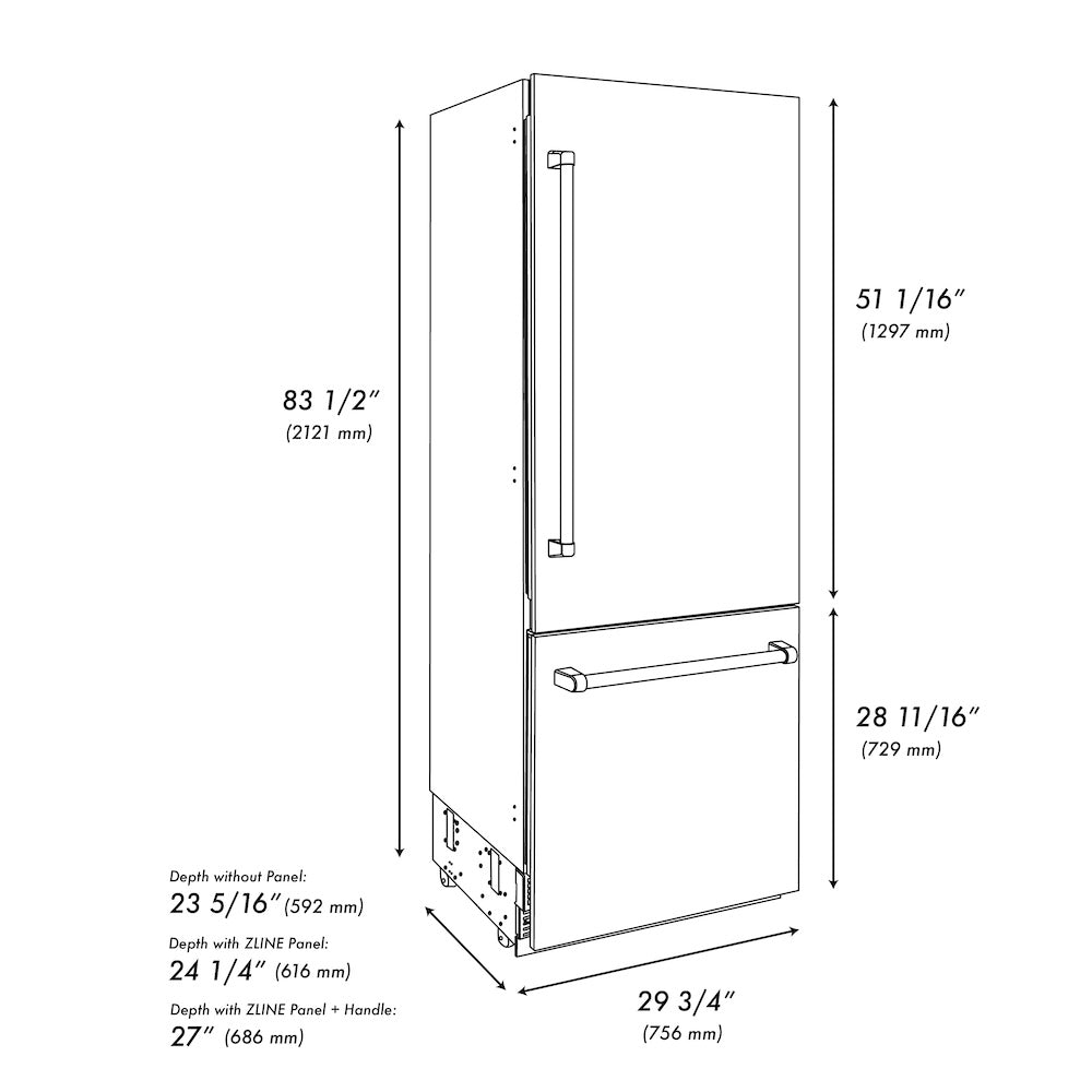 ZLINE Autograph Edition 30 in. 16.1 cu. ft. Built-in 2-Door Bottom Freezer Refrigerator with Internal Water and Ice Dispenser in Black Stainless Steel with Champagne Bronze Accents (RBIVZ-BS-30-CB) dimensional diagram.