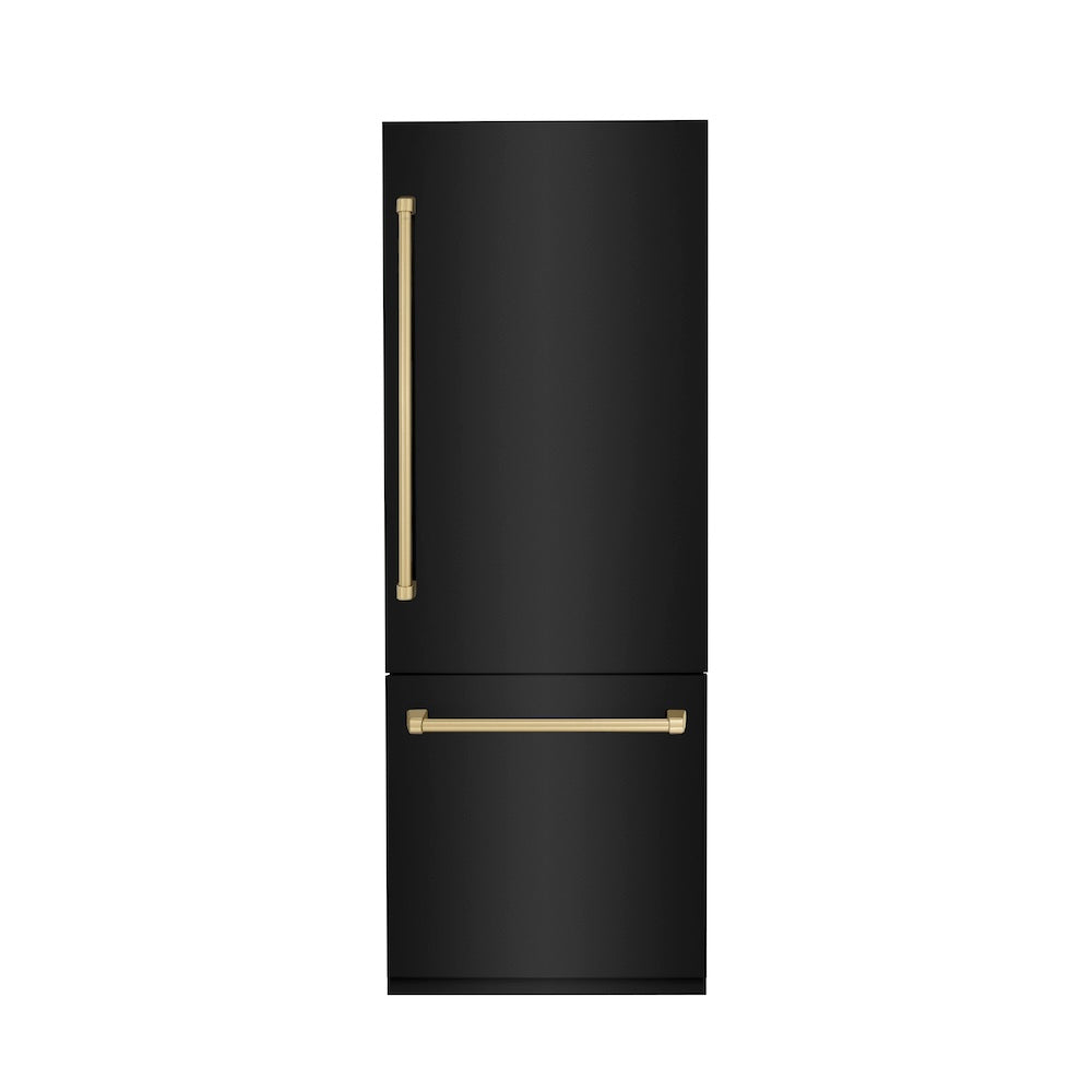 ZLINE Autograph Edition 30 in. 16.1 cu. ft. Built-In Bottom Freezer Refrigerator with Water Dispenser and Ice Maker in Black Stainless Steel with Champagne Bronze Accents (RBIVZ-BS-30-CB) front, closed.