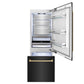 ZLINE Autograph Edition 30 in. 16.1 cu. ft. Built-In Bottom Freezer Refrigerator with Water Dispenser and Ice Maker in Black Stainless Steel with Champagne Bronze Accents (RBIVZ-BS-30-CB) front, refrigeration compartment and bottom freezer open with lights on.