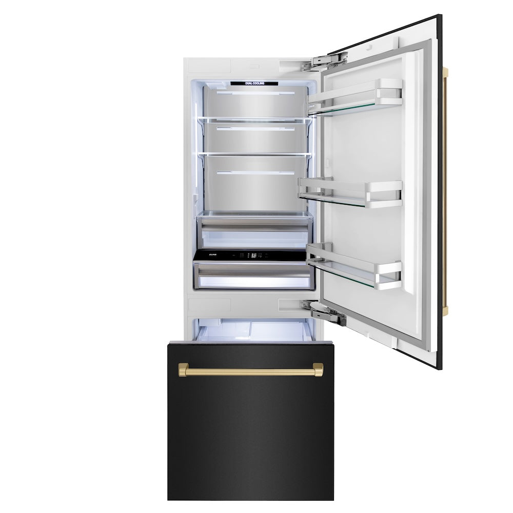 ZLINE Autograph Edition 30 in. 16.1 cu. ft. Built-In Bottom Freezer Refrigerator with Water Dispenser and Ice Maker in Black Stainless Steel with Champagne Bronze Accents (RBIVZ-BS-30-CB) front, refrigeration compartment and bottom freezer open with lights on.