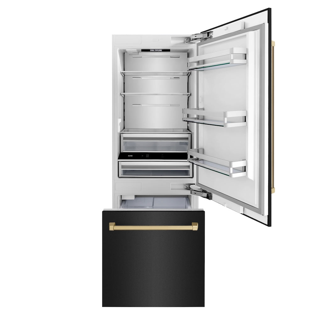 ZLINE Autograph Edition 30 in. 16.1 cu. ft. Built-In Bottom Freezer Refrigerator with Water Dispenser and Ice Maker in Black Stainless Steel with Champagne Bronze Accents (RBIVZ-BS-30-CB) front, open, empty.