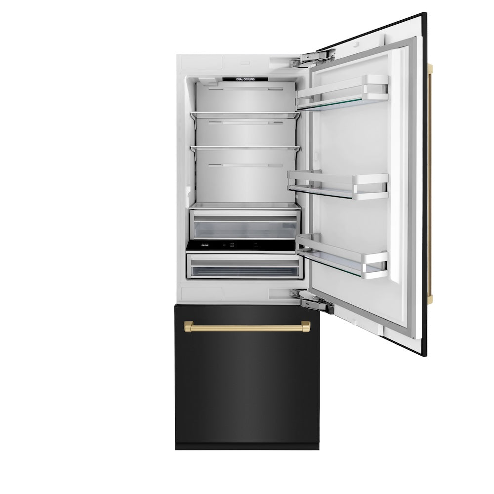ZLINE Autograph Edition 30 in. 16.1 cu. ft. Built-In Bottom Freezer Refrigerator with Water Dispenser and Ice Maker in Black Stainless Steel with Champagne Bronze Accents (RBIVZ-BS-30-CB) front, open, empty.