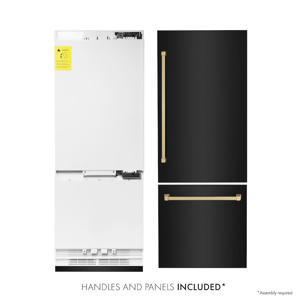 ZLINE Autograph Edition 30 in. 16.1 cu. ft. Built-in 2-Door Bottom Freezer Refrigerator with Internal Water and Ice Dispenser in Black Stainless Steel with Champagne Bronze Accents (RBIVZ-BS-30-CB) front, refrigeration unit next to panels. Text: Handles and Panels Included.